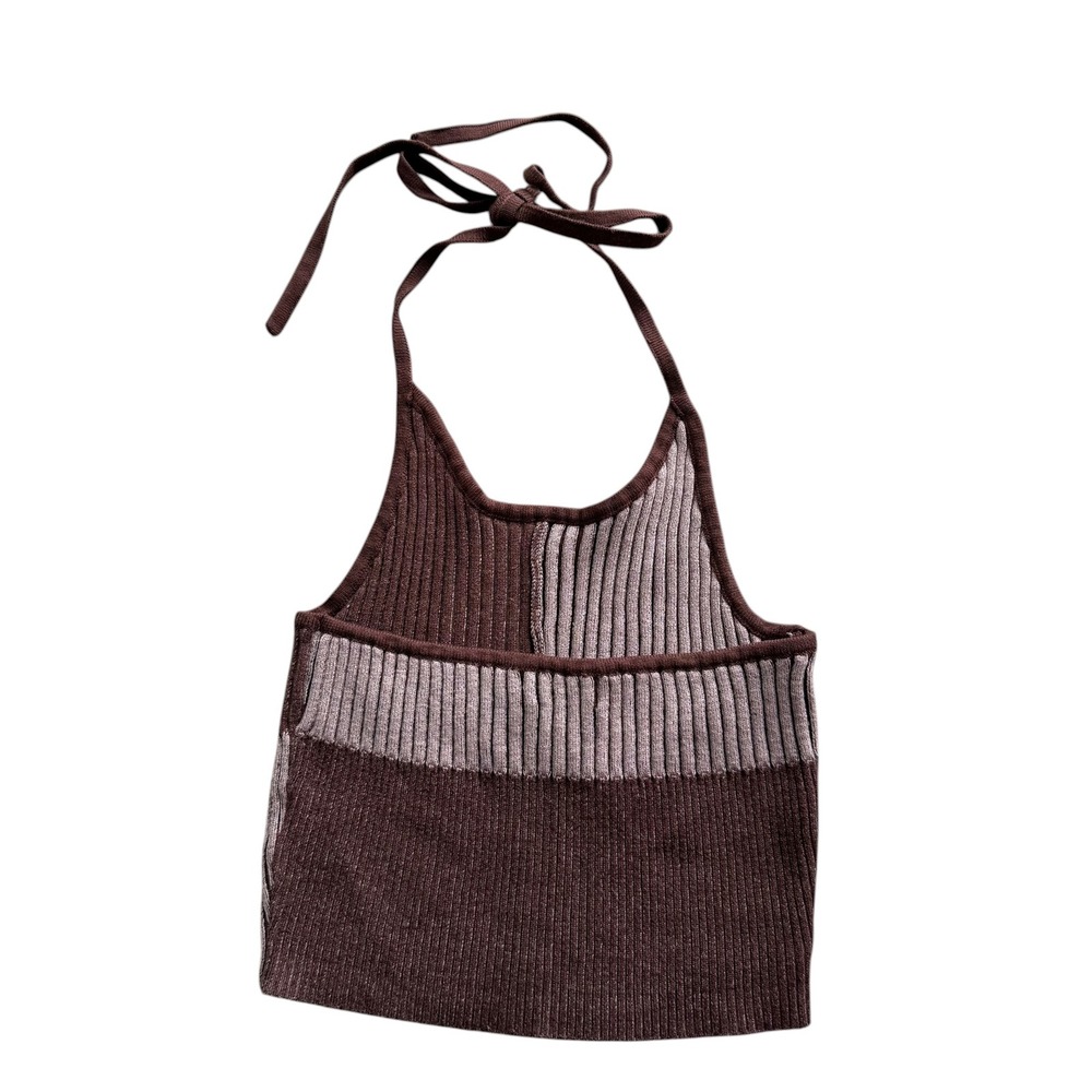 LA Hearts Women S Brown Tan Colorblock Ribbed Knit Halter Crop Top Boho Festival - Picture 2 of 12
